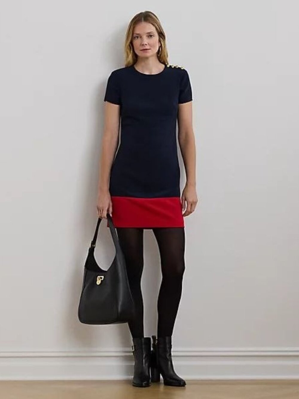 $195 Lauren Ralph Lauren Two-Tone Button-Trim Crepe Shift Dress Size 2